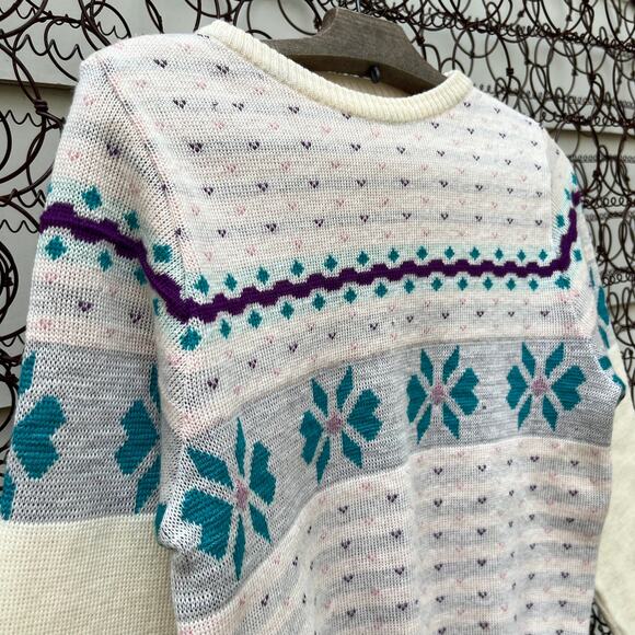 VTG Rockee USA fair isle ski gorpcore pastel ice blue wool knit sweater SMALL - Picture 2 of 5